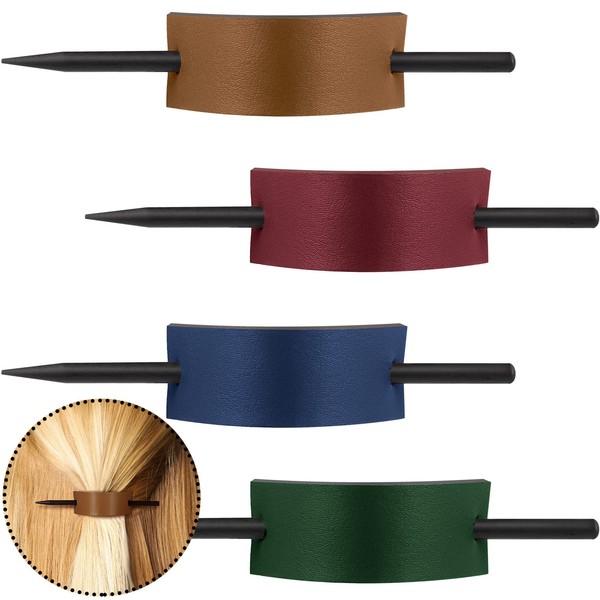 4 pieces Leather Hair Barrette with Stick Leather Hair Accessories Hair Barrettes Stick Hair Clip Hair Stick Ponytail Hair Pin for Women Long Hair ,4 Colors (Khaki, Royalblue, Dark Green, Rose Red)