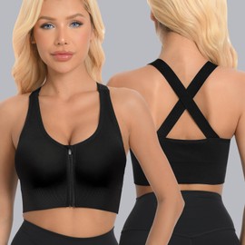 FVXYnnv 2 Pack Sports Bras for Women, Zipper Front Closure Workout Running Bra High Impact Seamless Padded Wireless Yoga Bras (Black Grey, Large)