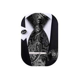 DiBanGu Men's Necktie Handkerchief Silk Paisley Floral Tie Pocket Square Tie Clip Cufflink Set (Black and Silver Grey)