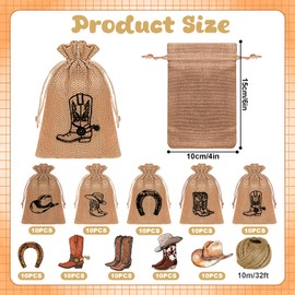 50 Set Cowboy Burlap Gift Bags with Boot Horseshoe Shape Tags 4 x 6 Inch Cowboy Goodie Bag Cowgirl Party Bags for Baby Shower Western Cowgirl Wedding Bachelorette Party Favors Birthday Supplies