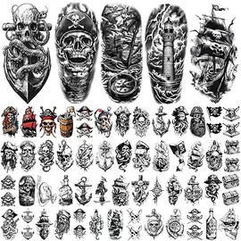 77 Sheets Pirate Temporary Tattoos Adult,Captain Anchor Compass Sailboat Tattoos, Pirate Ships Flag Skull Crossbones Sailor Fake Tattoo for Costume, Fake Arm Tattoos for Men Women Kids