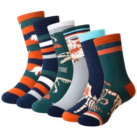 SEEYAN Boys Socks Kids Funny Novelty Cotton Crazy Cartoon Dinosaur Space Shark Fun Crew Socks 6 Pairs (6 Pairs Fossil Dinosaur, 6-8 Years)