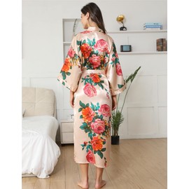 Women's Floral Long Kimono Robe Satin Bathrobes Silky Dressing Gowns