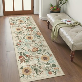 Bavni Washable Hallway Kitchen Runner Rug, Non Slip 2'x 6'Durable Lightweight Soft Vintage Floral Carpet Runner with Rubber Backing(Beige/Green)