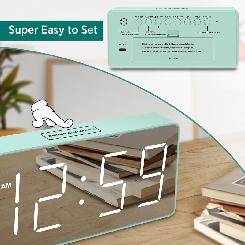 Peakeep Digital Clock, Alarm Clock Battery Backup Powered for Bedrooms