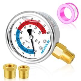 MEANLIN MEASURE 1/4" NPT 0-60psi,Pressure Gauges with 2-Inch Dial Glycerine Filled Pool Filter,304 Stainless Steel Housing,Lower Mount, with 1/4" x 1/2" NPT and 1/4" x 3/8" NPT Hex Bushing