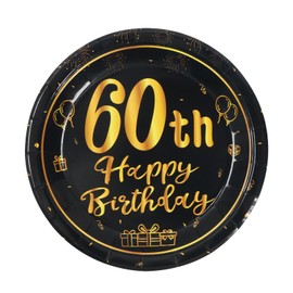 Pack of 16 60th Black and Gold Birthday Party Tableware Paper Plates Set for Birthday Party Table Decoration 16 Guests