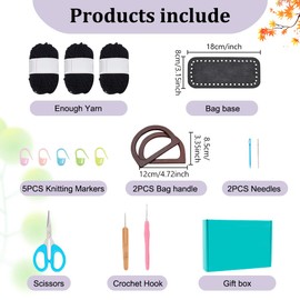 FREEBLOSS Crochet Kit for Beginners Black Crochet Tote Bag with Wood Handles Black Crochet Knitted Bag Crochet Starter Kit with Step-by-Step Video Tutorials Knitting Kit for Gift