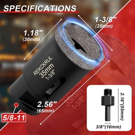 REKCKRUL 1-3/8 Inch Dry Diamond Core Drill Bits, 35mm Vacuum Brazed Diamond Hole Saw for Porcelain, Ceramic, Granite, Brick, Concrete - 5/8-11 Thread & 3/8" Hex Adapter