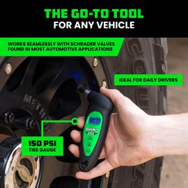Rhino USA Digital Tire Pressure Gauge 150 PSI, 4 Ranges, Ergonomic Design w/Lighted Nozzle & LCD Backlit Display - Certified Accurate Readings, Best Digital Gage (Green)