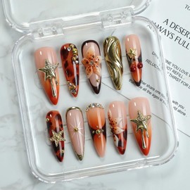 OCOUYVD Handmade Press on Nails Thickened Salon Quality Fake Nails with Luxury 3D Flower Stars Cherry and Rhinestone Designs Gradient French Tip False Nails Long Almond Acrylic Nails for WomenSize S)