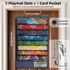 Playmat Tube Storage Bag for MTG, Hangable Game Mat Holder with 8 Tube Slots + 1 Card Pocket, Transparent PET Display, TCG Playmat Organizer with Hooks & Strap, Fits 6cm Play Mat Cases (1 Pack-Gray)