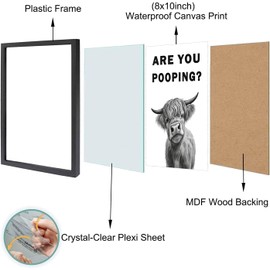 Funny Bathroom Wall Art – Are You Pooping Black and White Highland Cow Canvas, Framed Humor Print for Toilet Decor (Cow Are You Pooping, 10"L x 8"W, Framed)