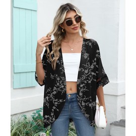 LILBETTER Womens Floral Chiffon Kimono Cardigans Loose Beach Cover Up Half Sleeve Tops(Black Leaves, Small)