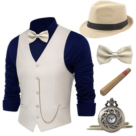 BABEYOND 1920s Mens Costume, Gatsby Gangster Costume Accessories Set For Men, 1920s Mens Outfit with Fedora Hat Vintage Vest Bowtie Plastic Cigar Pocket Watch Armbands