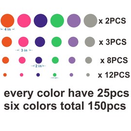 ANFRJJI Circle Wall Decals for Baby Room - Removable PVC Polka Dots in Multi-Color and Sizes - 150pcs JWH155 (State Gray+Hydrangea Purple+Fluorescence Green+Purple+Pink+Orange)