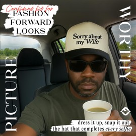 Funky Junque Canvas Snapback Trucker Hat - Father's Day, Funny Mom Hat, Baseball Cap for Mom & Dad, Sorry About My Wife - Black/Beige, One Size