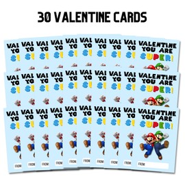 Lashicorn Super Valentine’s Day Class Cards | 30 pk 4x6” Mari Game Characters Bros Gamer Boys Valentine for School Blue Luig