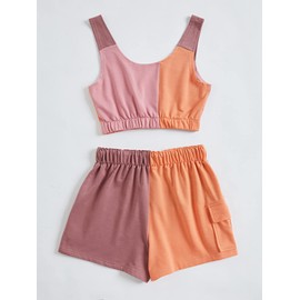 GORGLITTER Women's 2pcs Colorblock Patchwork Outfits Crop Tank Top Drawstring Waist Flap Pocket Side Shorts Set Orange Pink Brown Small