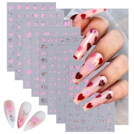 8 Sheets Pink 3D Heart-Shaped Nail Art Stickers Star Nail Art Design Self-Adhesive Silver Nail Decals DIY Decoration Nail Accessories US199