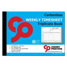 Cherry Carbonless NCR Weekly Timesheet Triplicate Book A4 50 Sets