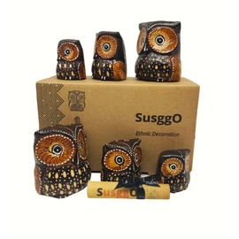 SusggO Set of 6 Small Wooden Owls - 3 Sizes - Decorative Figurines - Brown