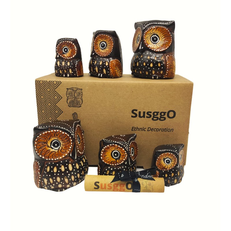 SusggO Set of 6 Small Wooden Owls - 3 Sizes