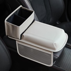 Qirc Car Armrest Cushion, Upgraded PU Leather, Car Armrest Cover with Cup Holder and Storage Bag, Universal Memory Foam Center Console Pad for Car/Truck/Car/SUV (White)