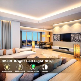 MY BEAUTY LIGHT LED Strip Lights Warm White,32.8ft Dimmable LED Light Strip with RF Remote,600 Bright 3000K 2835 LEDs,Plug-in Adhesive Rope Lights with Timing Mode for Living Room Bedroom Kitchen