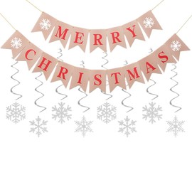 Merry Christmas Banners, Christmas Bunting With Spiral Hanging Card Silver Snowflake Xmas Decorations for Home Party Fireplace Wall