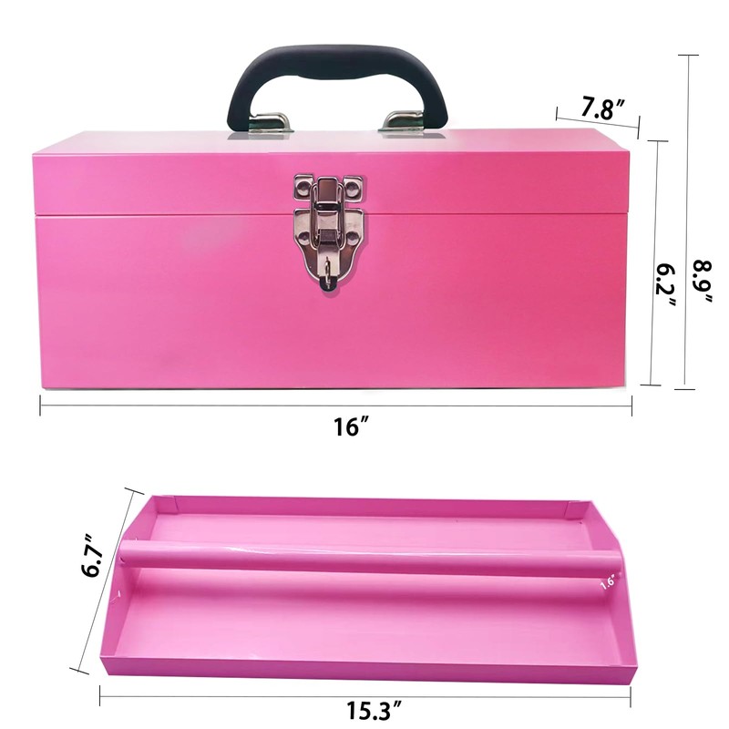 16" Portable Metal Toolbox Large Tool Box 18-Gauge Fishing Tackle