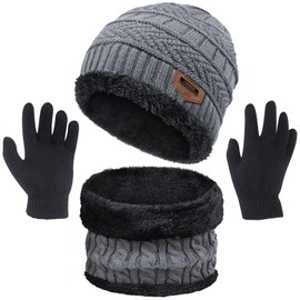 3 Pcs Boys Girls Winter Beanie Hat Scarf Gloves Set Thick Knitted Warm Toddler Winter Hat Mittens Neck Warmer for Kids
