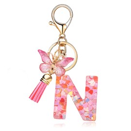 T TAKONE Key Fob Letter, Butterfly Glitter Pink Key Ring, Ideal Gift Car Keyring for Women/Children, N