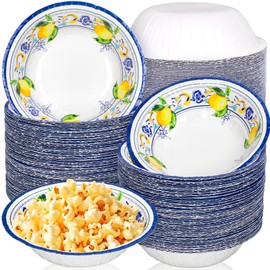 FYSUIMU 100Pcs Capri Lemon Paper Bowls Blue Floral Yellow Lemon Disposable Serving Plates Round Ice Cream Bowl for Summer Birthday Home Party Dining Table Supplies