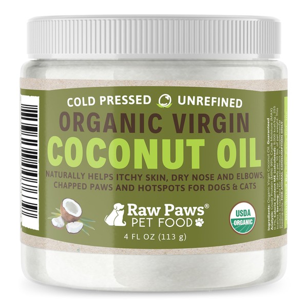 Raw Paws Virgin Organic Coconut Oil for Dogs & Cats, 4-oz - Treatment for Itchy Skin, Dry Nose, Paws, Elbows, Hot Spot Lotion for Dogs, Natural Hairball Remedy for Dogs & Cats
