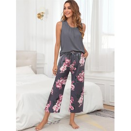 Famulily Three Quarter Pyjamas for Women Floral Print Crewneck Sleeveless Vest and 3/4 Length Pant Dark Grey S