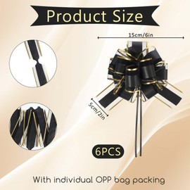 6 Inch 6 PCS Large Black Bows for Gift Wrapping, Pull Bow Ribbon Black Gift Bow, Party Birthday Gift Wedding Ribbon Bows Pull Bow for Christmas Baskets Gift Wrapping Valentine's Day Gift Decor Gold