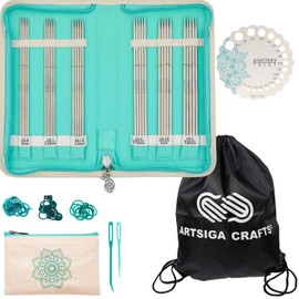Knitpro Mindful Gracious Set 6 Inch DPN Double Pointed Knitting Needles Size 0, 1, 1.5, 2, 2.5, 3 with Gauge, Stitch Markers & More, Fabric Case Bundle with 1 Artsiga Crafts Project Bag