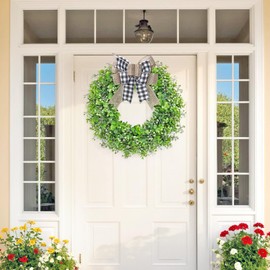Betylifoy Boxwood Wreath for Front Door 20" Artificial Greenery Wreath with Plaid Bow Faux Eucalyptus Leaves Wreaths Green Outdoor Wreaths for All Seasons Indoor Window Wall Farmhouse Decor
