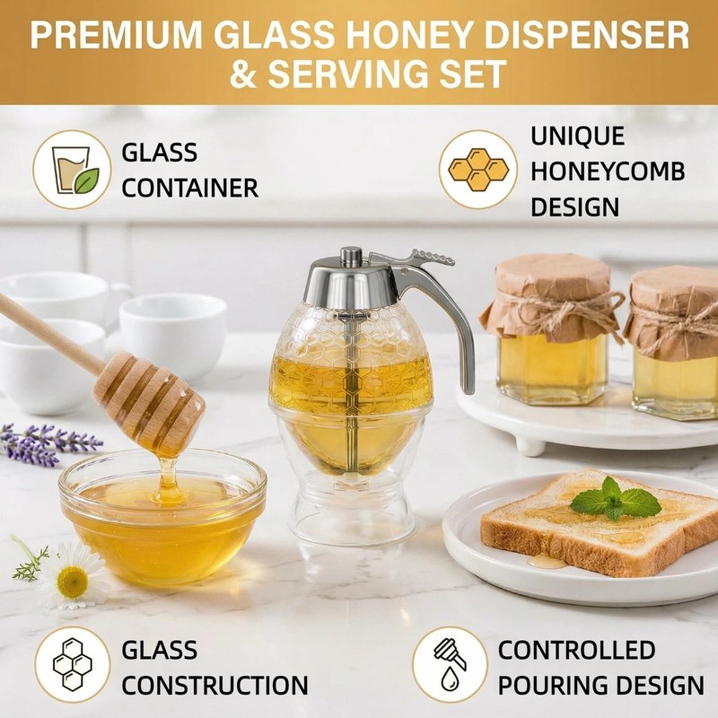 Glass Honey Dispenser No Drip with Stand, Glass Honey Jar,