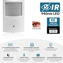 MWRCTV Audio 8MP 4K 3.7mm Lens Night Vision Mini IP 940nm Infrared IR led PIR Style P2P Indoor POE Motion Detector Security Camera for NVR/RSTP(NOT Wireless)