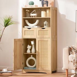 Iwell Tall Storage Cabinet, Rattan Cabinet with 2 Drawers & Adjustable Shelf, Accent Cabinet for Living Room, Dining Room, Home Office, Natural UISNG028NR