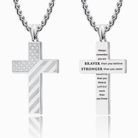 LAOYOU Anniversary Birthday Gifts For boyfriend, Stainless Steel Silver Always Remember USA Patriotic American Flag Cross Necklace Bible Verse Religious Christian Necklace For Men