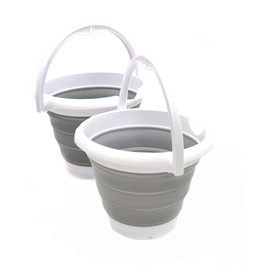 SAMMART 5L Collapsible Fishing Bucke - Foldable Round Tub - Portable Plastic Water Pail - Space Saving Outdoor Waterpot (White/Grey (Set of 2))