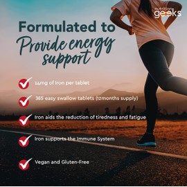 Iron Tablets High Strength 14mg - 365 Tablets, 12 Months Supply - Vegan Iron Supplements for Women and Men - Ferrous Fumarate Energy Tablets, Reduces Tiredness and Fatigue - UK Made Iron Vitamin