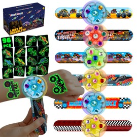 144PCS Monster Truck Party Favors for Kids, 96 Glow Tattoos Pre-cut + 24 Slap Bracelets + 24 Light Up Spinning Toys, Birthday Goodie Bag Stuffers, Stocking Stuffers, Glow in The Dark Supplies