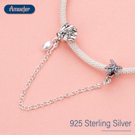 Amuefer Safety Chain Charms for Bracelets 925 Sterling Silver with Cubic Zirconia Shell Puppy Heart Love Devil's Pupil Spacer Birthday Christmas Women, Silver, Cubic Zirconia