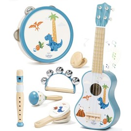 Lehoo Castle Kids Guitar Set, Dinosaur Guitar for Toddlers 1-3, Wooden Montessori Musical Instruments 7 in 1 with Ukulele/Tambourine/Maracas/Flute, Mini Band Set Birthday Gift for Boys Girls