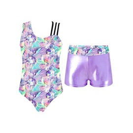Loodgao Kids Girls 2Pcs Gymnastics Outfits Sleeveless Dance Leotard with Shorts Set Athletic Biketard Dancewear Swimwear Bright Shadow 12