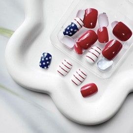 UCCASA 24Pcs Independence Day Press on Nails Short Square False Nails with Star Designs 4th of July Fake Nails Glossy Glue on Nails Red Blue White Full Cover Stick on Nails Short Nails for Women